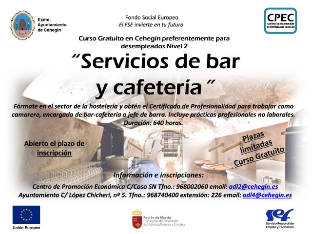 La Concejalía de Desarrollo Local organiza el curso, 'Servicios de bar y cafetería', Nivel 2, destinado para desempleados