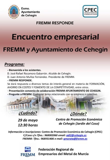 El Ayuntamiento de Cehegín y la FREMM realizarán un encuentro empresarial el próximo 29 de mayo