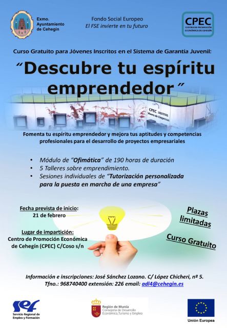 La Concejalía de Desarrollo Local organiza el curso, 'Descubre tu espíritu emprendedor', destinado a jóvenes de Garantía Juvenil