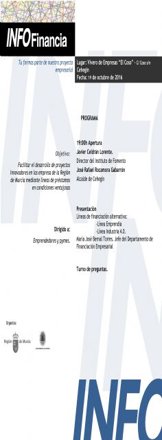 Cehegín acogerá una jornada en la que se presentarán las nuevas líneas de financiación del INFO para PYMES y emprendedores