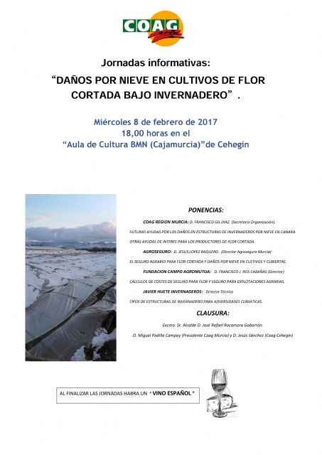 COAG organiza una jornada informativa esta tarde sobre los daños por nieve en cultivos de flor cortada bajo invernadero