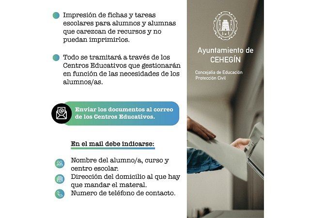 Cehegín ofrece un servicio gratuito de impresión de tareas escolares para los alumnos del municipio sin recursos