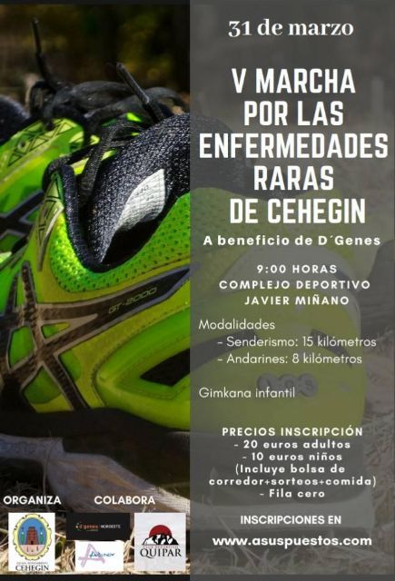 El próximo 31 de marzo tendrá lugar la V Marcha por las Enfermedades Raras de Cehegín, a beneficio de D´Genes
