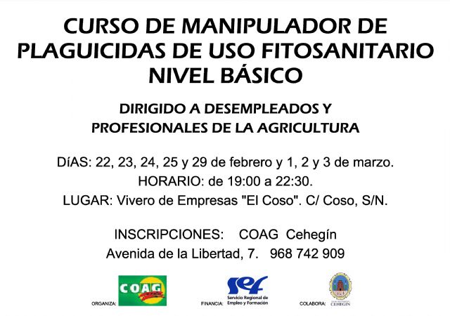 Se oferta  el curso 'Manipulador de plaguicidas de uso fitosanitario. Nivel básico' para desempleados y profesionales de la agricultura
