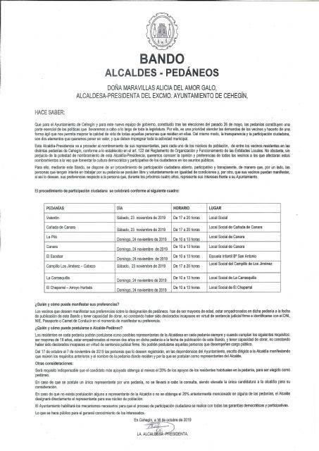 Los vecinos de las Pedanías eligirán a quién los va a representar como Alcalde-Pedáneo