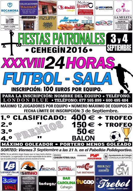 Las XXXVIII 24 Horas de Fútbol Sala se celebrarán los días 3 y 4 de septiembre