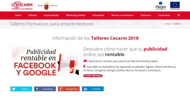 El taller Cecarm sobre publicidad en Facebook y Google empieza mañana martes en Cehegín