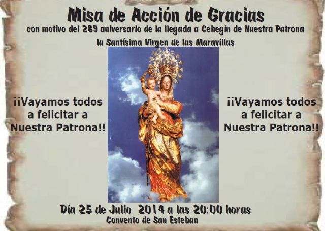 La Hermandad de la Virgen de las Maravillas conmemora este viernes el 289 aniversario de la llegada a Cehegín de la imagen de su Patrona