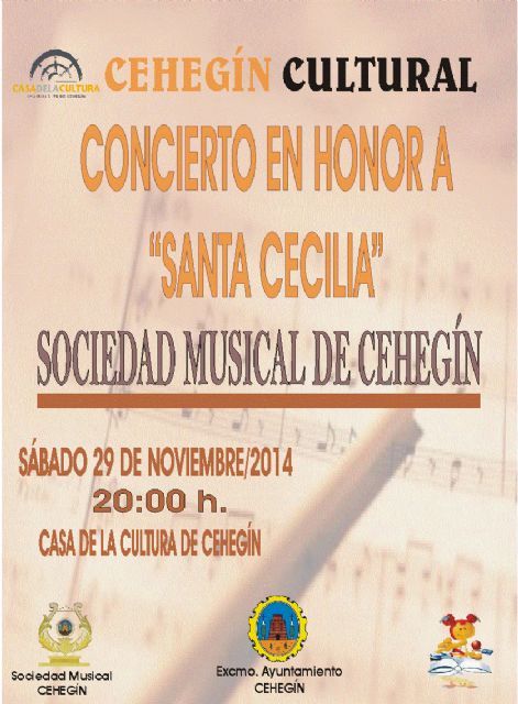 La Sociedad Musical de Cehegín celebra este sábado el concierto en honor de Santa Cecilia