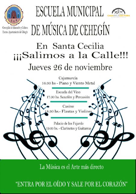 La Escuela Municipal de Música sale a la calle para celebrar Santa Cecilia, Patrona de los músicos, el próximo jueves 26 de noviembre