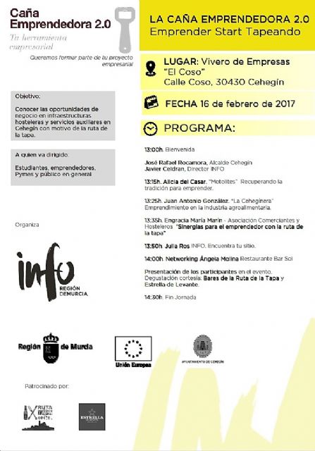 El evento del INFO 'La caña emprendedora 2.0', llega el próximo jueves día 16 a Cehegín