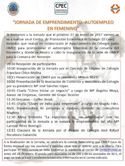 La Organización de Mujeres Empresarias y Profesionales de la Región de Murcia organizará una jornada sobre el autoempleo femenino con motivo de la  próxima inauguración de su sede en Cehegín