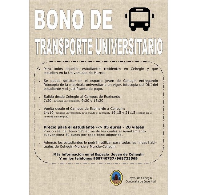 Los bonos de transporte universitario para el curso 20-21 ya se pueden adquirir al precio de 85 euros para 20 viajes