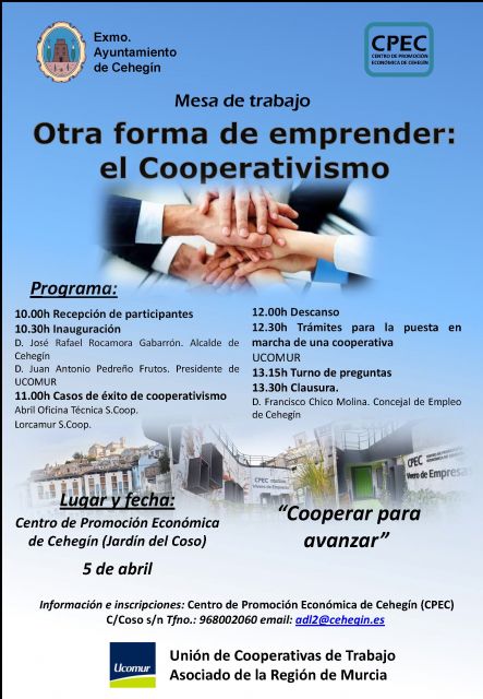 El Ayuntamiento de Cehegín y Ucomur trasladarán el modelo de emprendimiento cooperativista en una jornada con experiencias profesionales